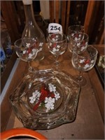 GLASS DECANTER & GOBLETS-ASHTRAYS ALL DECORATED