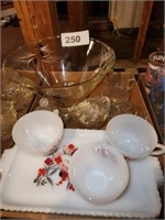 GLASS DECORATED PUNCH BOWL SEVERAL CUPS MILKGLASS