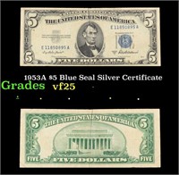 1953A $5 Blue Seal Silver Certificate Grades vf+