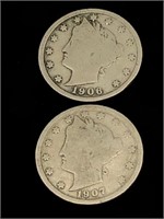 Pair of Antique 5C V Nickel Coins - 1906, 1907