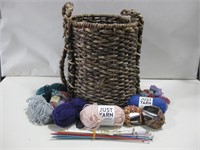 15.5" Basket W/Assorted Yarn & Knitting Needles