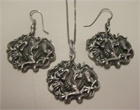 Vtg Sterling Silver Dragon Necklace & Earrings Set