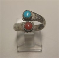 Vtg Navajo Sterling Silver Turquoise & Coral Ring