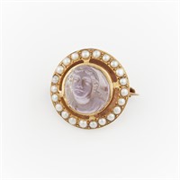 14k Yellow Gold Amethyst Cameo & Pearl Brooch