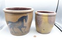 Pair Early Stoneware Crocks, Brush-Painted Horse+