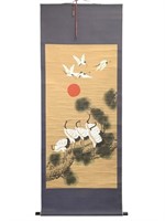 Japanese Scroll w Cranes, Watercolor Fabric Border