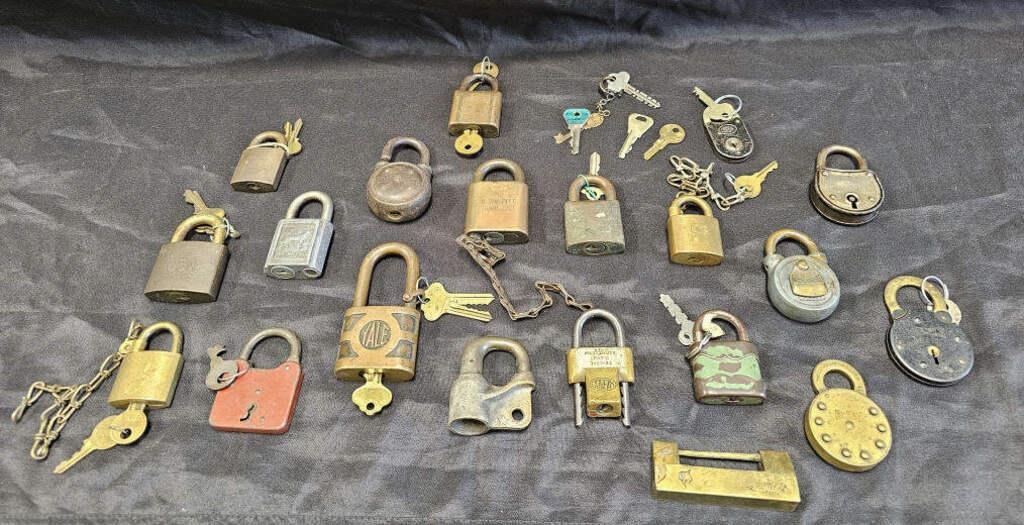 Group of antique and vintage locks and keys. Box