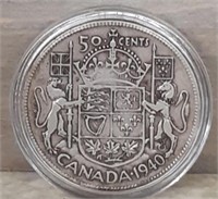 1940 Canadian Silver Half Dollar & protective case