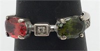 Sterling Silver Ring W Green & Red Stones