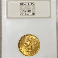 1886-S $5 Gold Half Eagle NGC - MS60