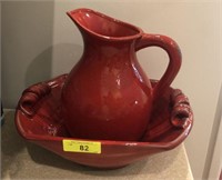 DECORATIVE RED BOWL AND PITCHER