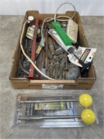 Assortment of hand tools, pipe elbows, hitch