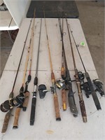 10 assorted fishing poles, 7 reels