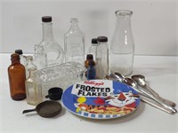 VINTAGE COLLECTIBLES INCL BOTTLES, BUTTER DISH,