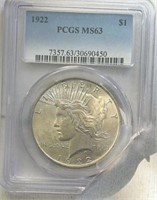 1922 Peace Silver Dollar PCGS MS63 Slab Damage