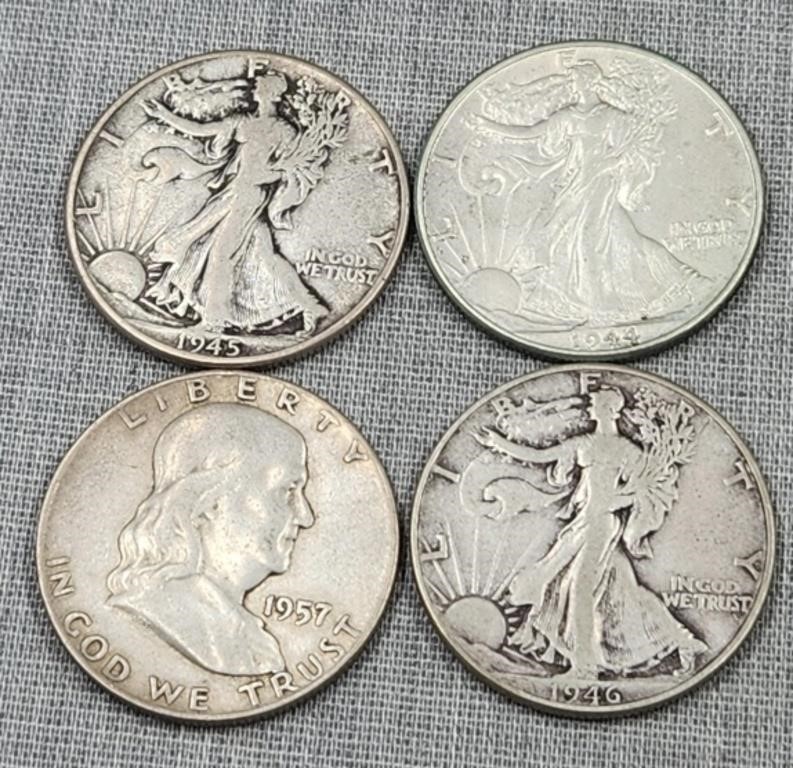 4-"Silver Half Dollars, 3 Walking Liberty/