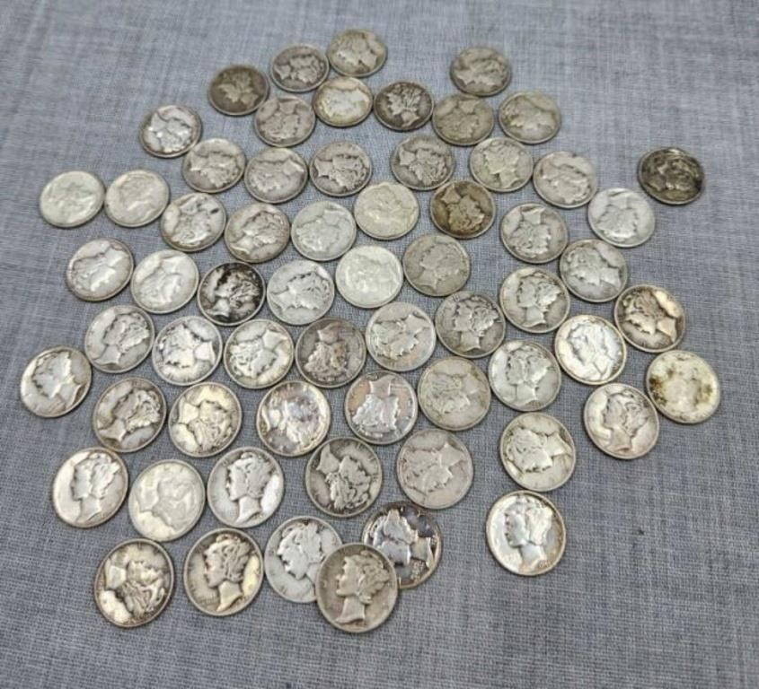 65 Silver Mercury Head Dimes, various dates,