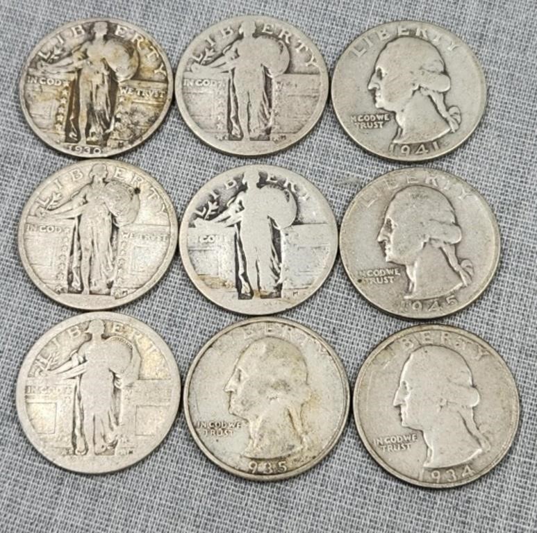 9 Silver Quarters, Assorted dates