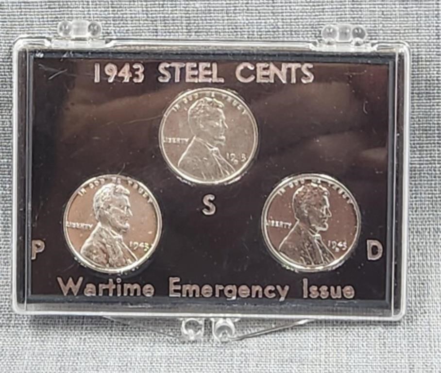 Set of 3 1943 Steel Cents, P, S & D Mints.