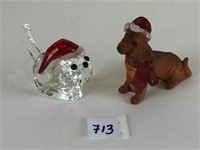 RESIN CHRISTMAS DOG WITH HAT GLASS CAT WITH SANTA
