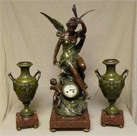 After Leon Pilet "L'Aurore" Figural Clock Set.