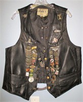 Park V Leather Motorcycle Vest w/Pins & Patches