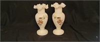 2 Victorian Frosted Hand Painted Ruffled Vases
