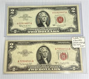 1963 & 1953 B Red Seal Two Dollar US Note