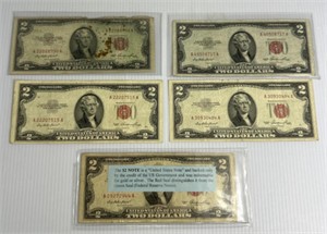(5) 2 Dollar Red Seal US Note all 1953