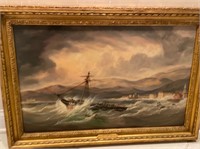 Surviving a storm in Vigo Bay oil painting. Hall