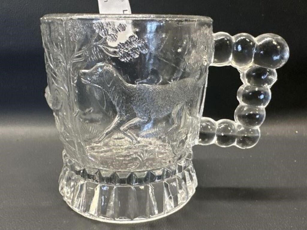 Vtg. Glass Mug Bird Dog mug 2.75"h beaded handle