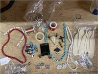 Box of Plastic Feathers & Costume Jewelry