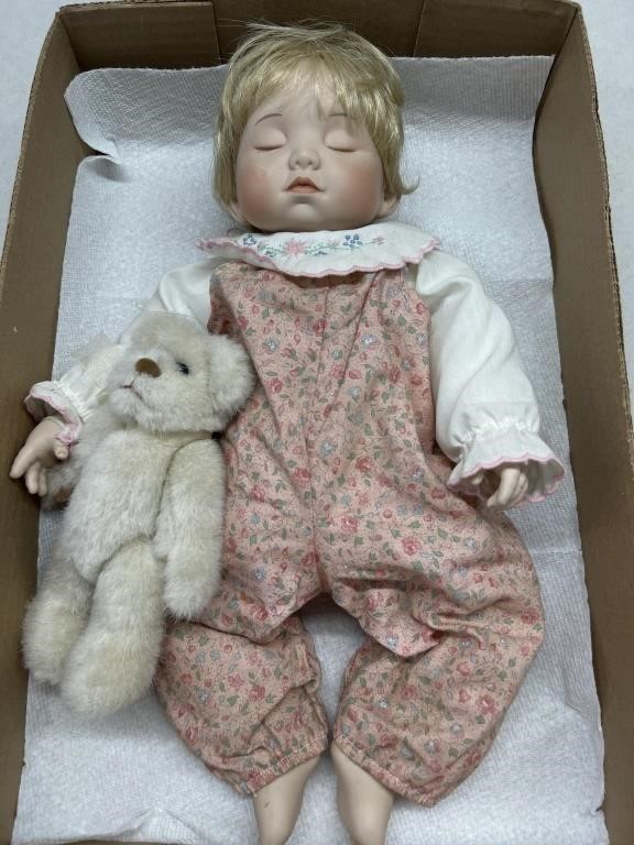 Porcelain baby doll and bear sign and numbered