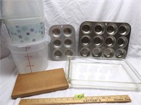 Lot: Pyrex Dish, Cupcake Pans, Cutting Board