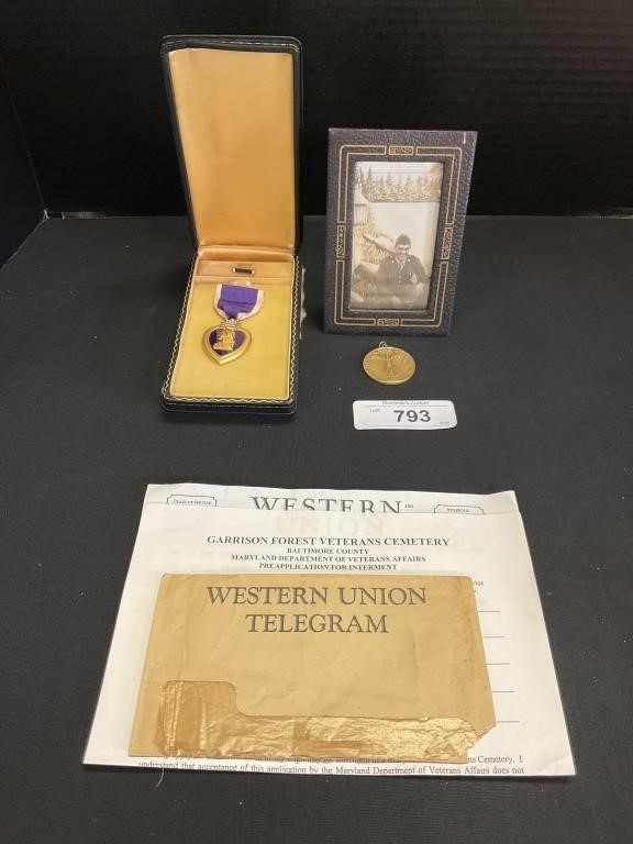 WWII Military Purple Heart, Photo, Telegrams,