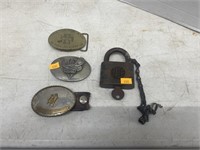 3 belt buckles and vintage Yale lock