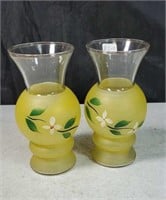 Yellow handpainted vases approx  6 inches tall