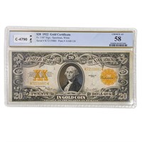 FR. 1187 1922 $20 GOLD CERT. PCGS BANKNOTE AU-58