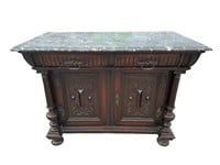 WALNUT MARBLE TOP CONTINENTAL CARVED SERVER