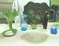 Colored & Clear glassware, Bottle & Painted tray