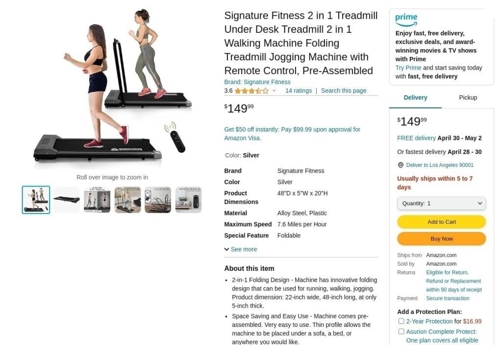 W4764  Signature Fitness 2 in 1 Treadmill - Silver