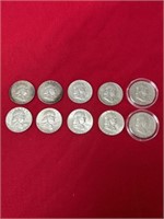 Franklin half dollar coins marked 1959-D, 1960-D,