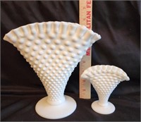 (2) Fenton Milk Glass Hobnail Fan Vases