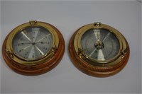 Brassand Wood Quartz Clock and Baromoter