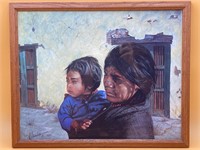 Framed 16x20 Native American Mother & Son Painting