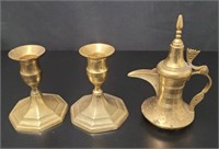 Brass Candle Stick Holders & Small Coffee Pot vtg