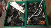 Two large trays of garage parts, bolts and car