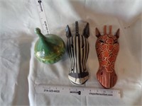 2 Wood Mask Decors & Ring Vase w/Lid