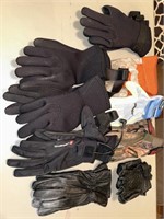 Various types of gloves, and beanies, rainboot