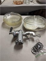Meat grinder, pie plates and miscellaneous lids